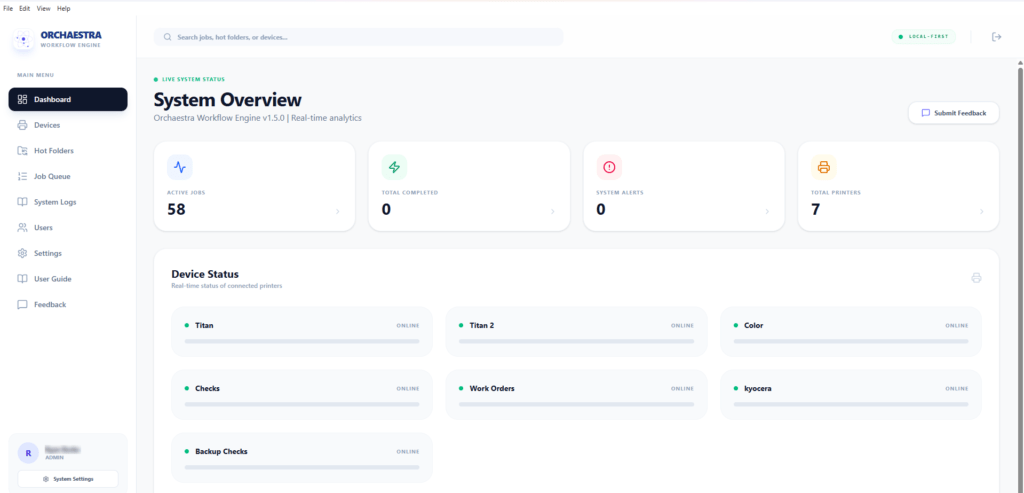 Orchaestra Dashboard showcasing Active Jobs, Total Compelted, System Alerts, and Total Printers connected to enable printing production workflow visibility.