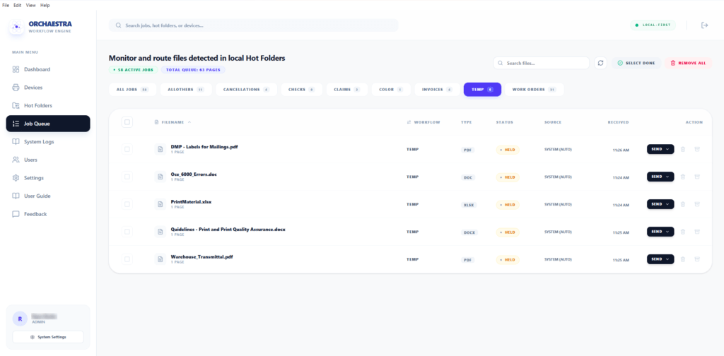 Orchaestra Job Queue showcasing Orchaestra's possibilities for detecting files for printing and their status. 