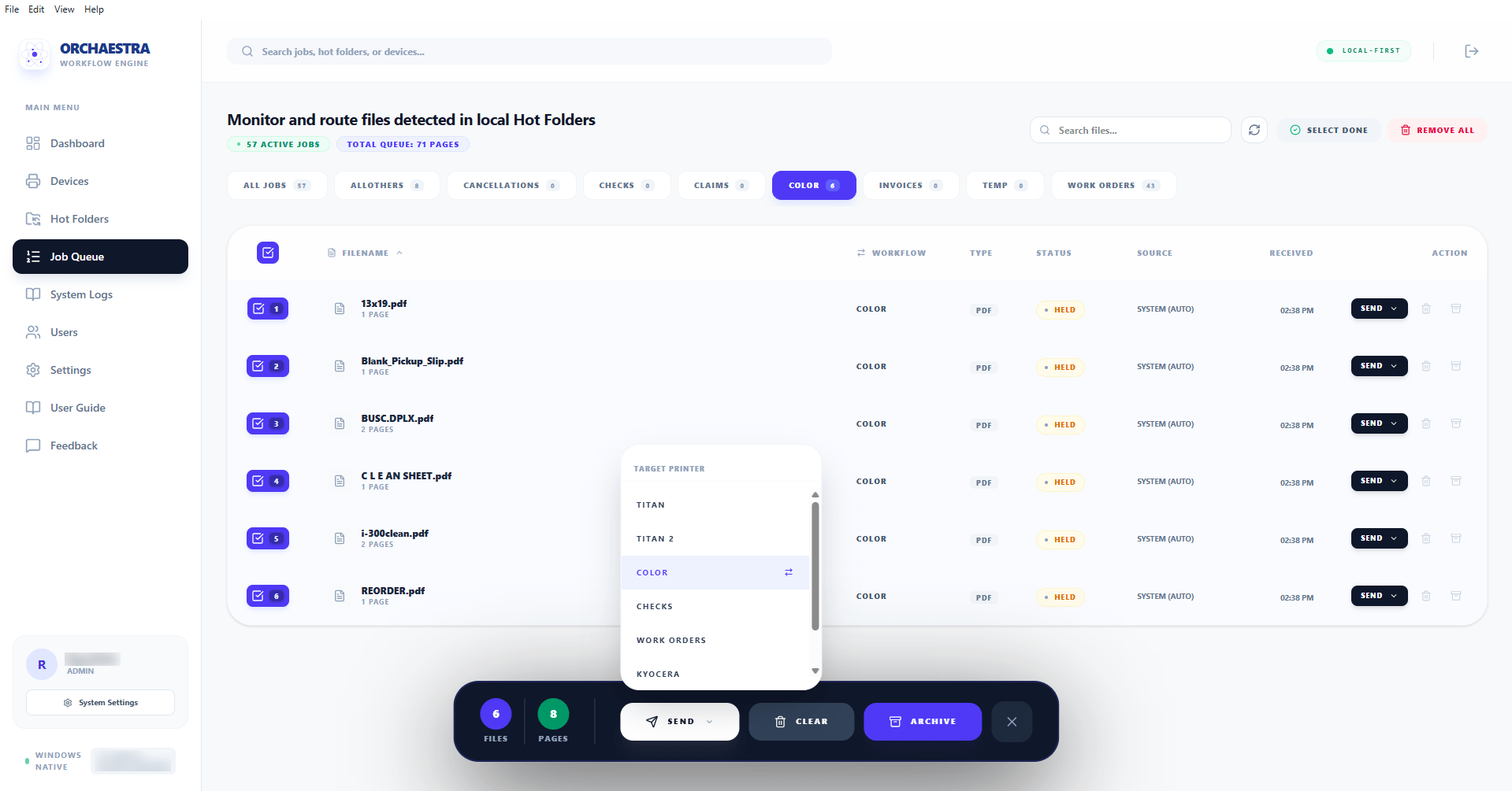Orchaestra job queue showcasing local hot folder detection and print job management from centralized tool.